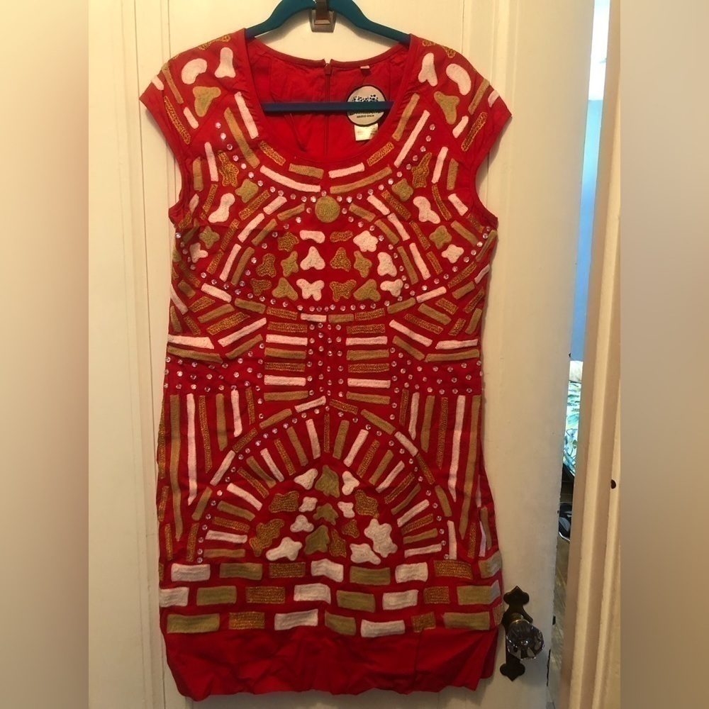 🌟NWOT 16 (size 48 Spain) Almatrichi Red Embroidered Sheath Mini Dr… - Picture 5 of 7